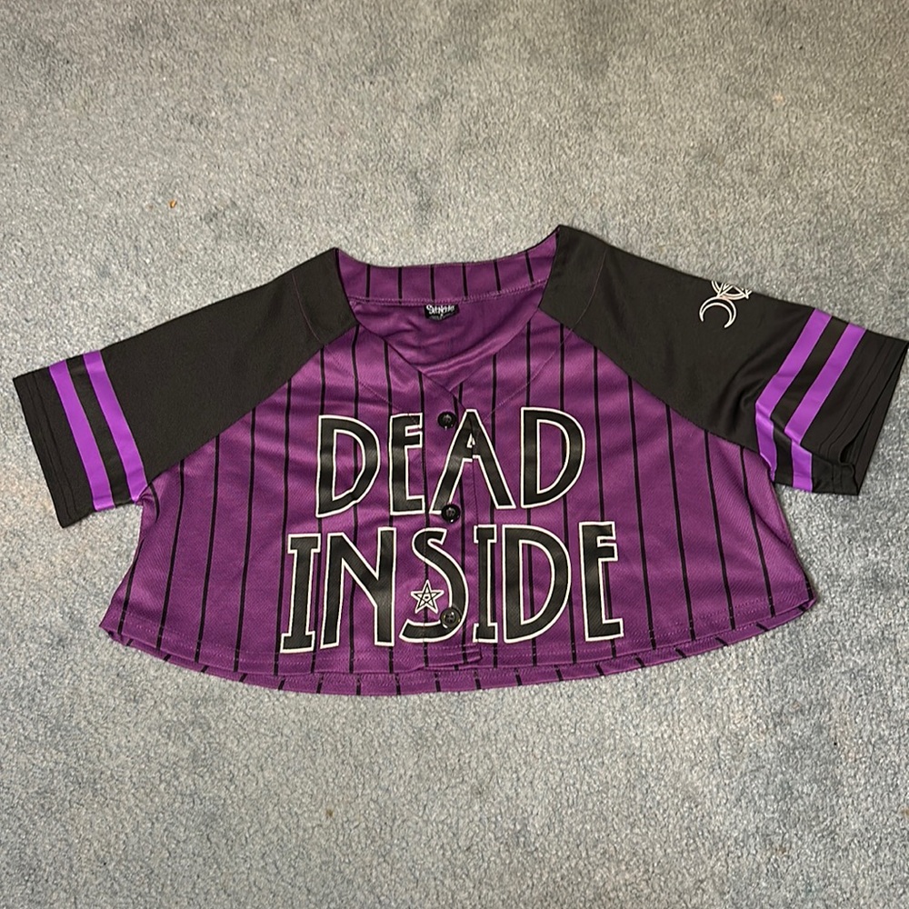 Small purple, black and white “DEAD INSIDE” cropped jersey from Spencer’s